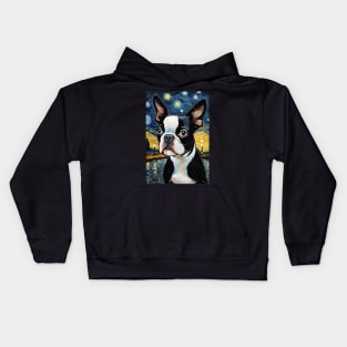 Boston Terrier Dog Breed Painting in a Van Gogh Starry Night Art Style Kids Hoodie